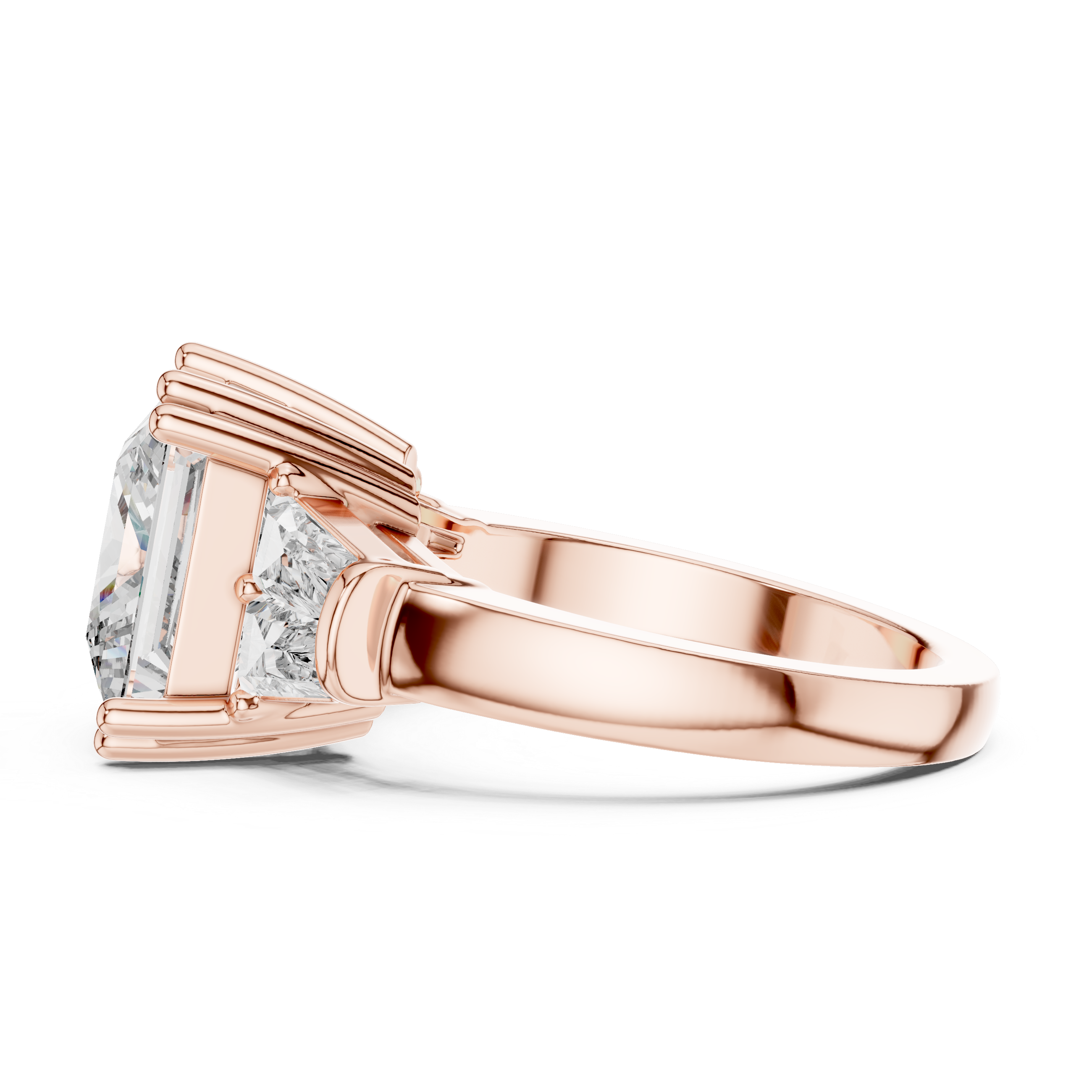 Rose gold ring with a diamond on a white background